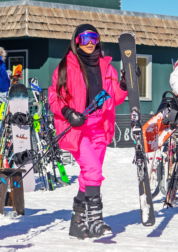 The First Image Of Kim Kardashian Skiing In Crop Top Outfit In Front Of ...
